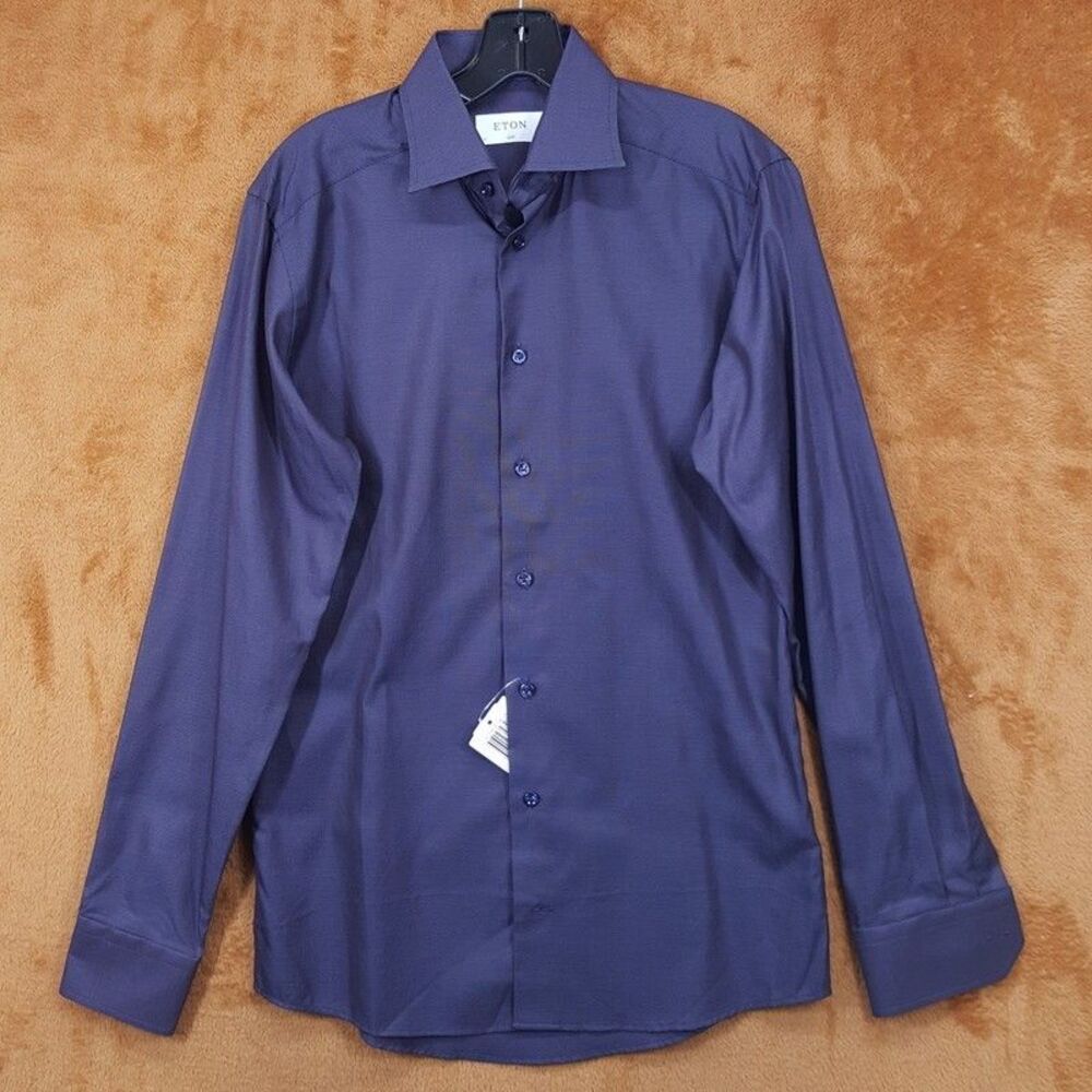ETON Shirt Mens Size 14.5 37 Navy Textured Slim Fit Button Up $280